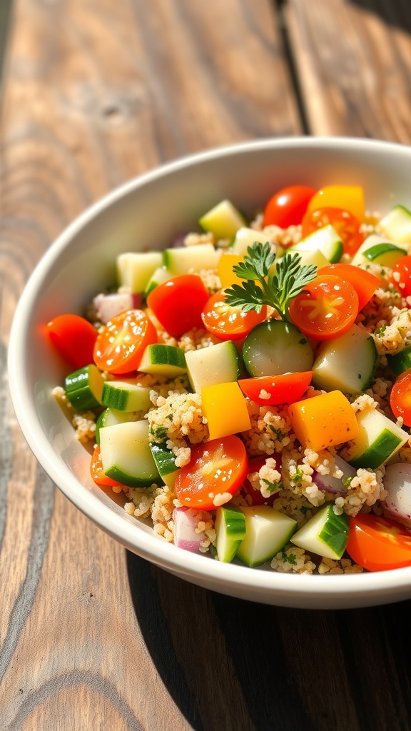 A vibrant quinoa salad with tomatoes, cucumbers, and bell peppers, garnished with parsley on a wooden table.